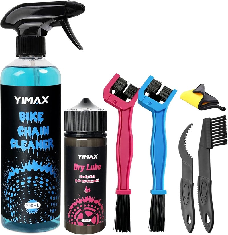 YIMAX Bike Chain Cleaner Set, Bike Cleaners Bicycle Cleaning Kit 120ML Dry Chain Lube and 500ML Cleaning Spray Bike Chain Lubricant with Brushes Cycling Maintenance, Suitable for All Types of Bike - Image 1